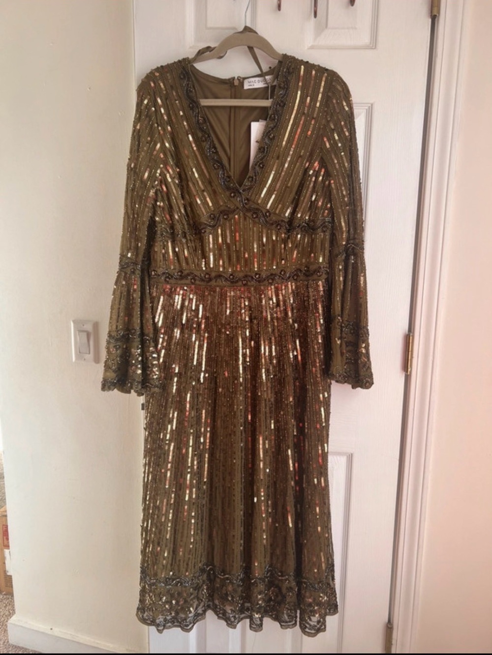 Mac Duggal Metallic Gold Sequin V-Neck Midi Dress